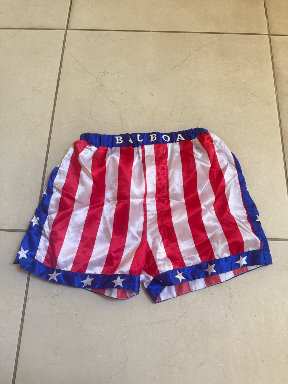 Balboa American Flag Satin Boxing Shorts - Red & White Stripes, Blue Star Trim